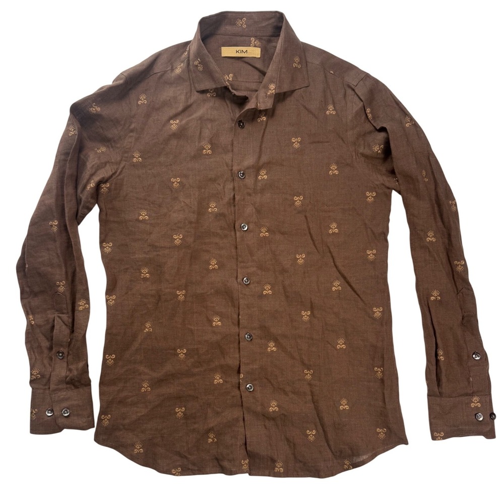 KIM Mens Brown Linen Embroidered‎ Sunburst Motif Long Sleeve Button Down Shirt